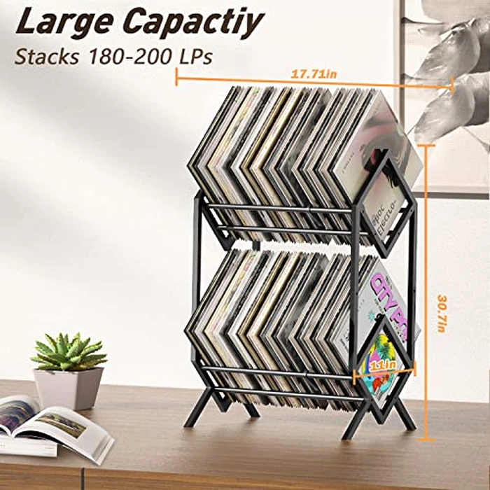 RUILALIFE 2-Tier-Vinyl-Record-Storage-Holder With Dividers, 200 LPs Albums Storage Rack Shelf, Steel Music Records Display Shelf Organizer For Book, Magazine, Files,Matte Black by RUILALIFE - Image 4