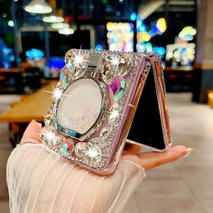 for Samsung Galaxy Z Flip 7 Case for Women Girls Bling Diamond Design,Flip 7 Phone Case Cute Glitter Girly Handmade Rhinestone Soft TPU Bumper with Flowing Liquid Ring Stand for Samsung Z Flip 7 Pink by Aulzaju - Image 2