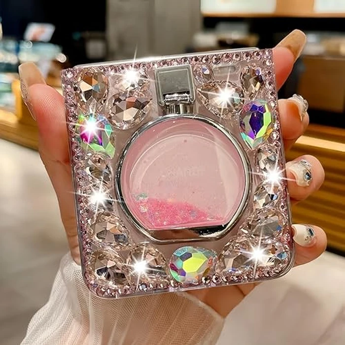 for Samsung Galaxy Z Flip 7 Case for Women Girls Bling Diamond Design,Flip 7 Phone Case Cute Glitter Girly Handmade Rhinestone Soft TPU Bumper with Flowing Liquid Ring Stand for Samsung Z Flip 7 Pink by Aulzaju - Image 5