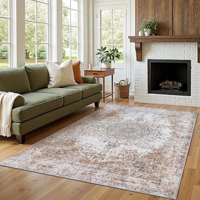 jinchan Area Rug 5x7 Washable Living Room Rug Vintage Traditional Distressed Lightweight Thin Retro Indoor Floor Cover Non Slip Floral Carpet for Bedroom Dining Room Bathroom Kitchen Office Taupe by jinchan - Used - Like New condition - US$39.24