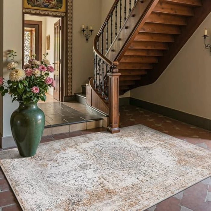 jinchan Area Rug 5x7 Washable Living Room Rug Vintage Traditional Distressed Lightweight Thin Retro Indoor Floor Cover Non Slip Floral Carpet for Bedroom Dining Room Bathroom Kitchen Office Taupe by jinchan - Image 3