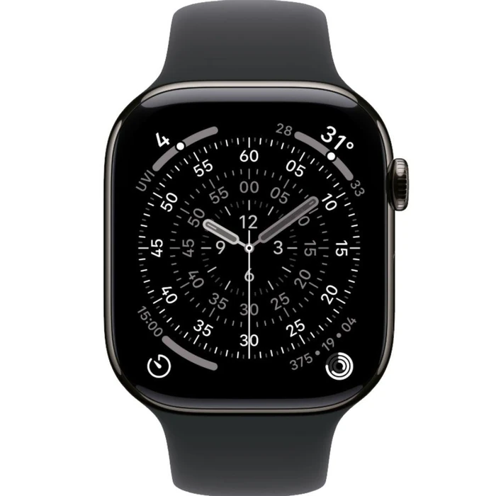 Apple Watch Series 11 (Cellular + GPS) - 64GB - 46mm - Slate Titanium Case with Black Silicone Sport Band - S/M Size by Apple - Image 1