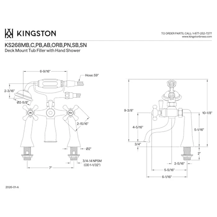 Kingston Brass KS268SB 7" Centerset Tub Faucet with Hand Shower, 4-5/8" x 4-5/16" (L) x 6-9/16" (W) x 6-1/8" (H), Satin Brass by Kingston Brass - Image 8