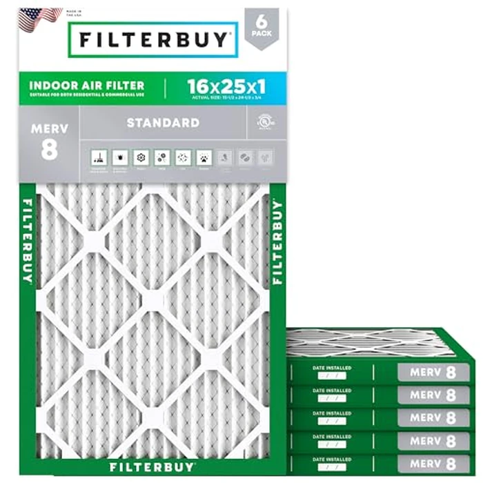 Filterbuy 16x25x1 Air Filter MERV 8 Essential Dust & Allergy Defense (6-Pack), Electrostatic Pleated HVAC AC Furnace Filters Replacement (Actual Size: 15.50 x 24.50 x 0.75) by Filterbuy - Used - Like New condition