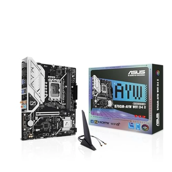 ASUS B760M-AYW WiFi D4 II Intel(R) B760 (LGA 1700) microATX mATX Motherboard, PCIe 5.0 x16 Support, Two M.2 Slots, DDR4, Realtek 2.5Gb Ethernet, Wi-Fi 6, HDMI, SATA 6 Gbps, Front USB 5Gbps, Aura Sync by ASUS - Image 1