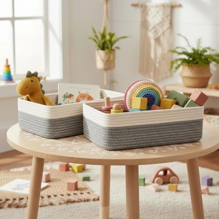 Britwicfr Organizing Baskets, 2 Pack Woven Storage Baskets with 38x28x13cm, Baby Gift Basket Decorative Storage Bins Panier de Rangement for Shelves, Nursery, Living Room, Pets, White & Mixed Gray by Britwicfr - Image 4