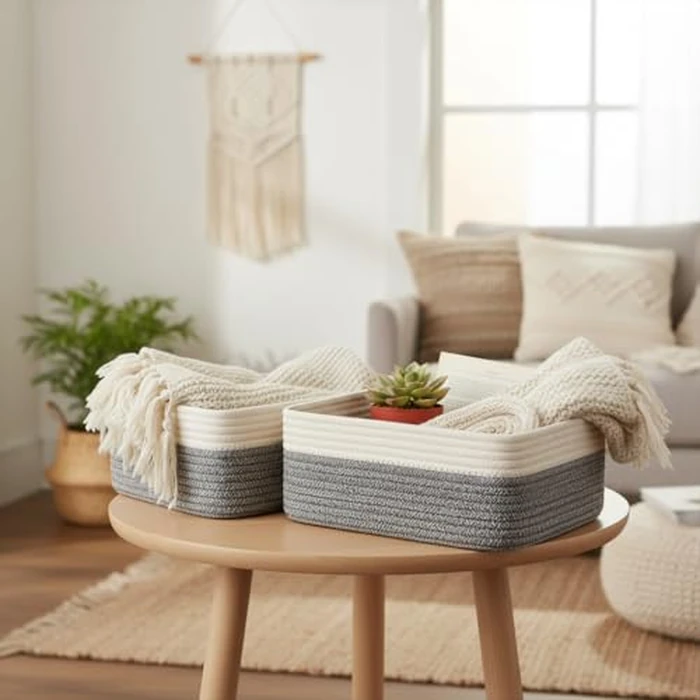 Britwicfr Organizing Baskets, 2 Pack Woven Storage Baskets with 38x28x13cm, Baby Gift Basket Decorative Storage Bins Panier de Rangement for Shelves, Nursery, Living Room, Pets, White & Mixed Gray by Britwicfr - Image 7