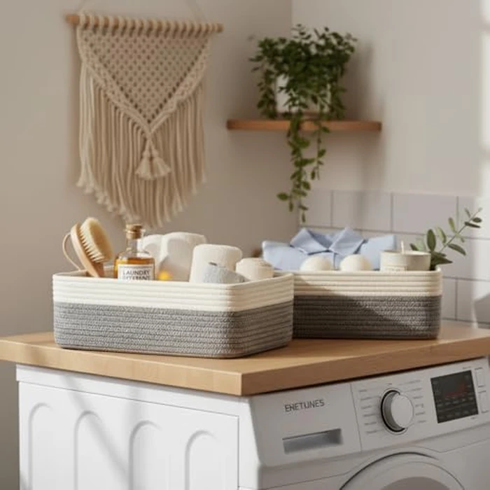 Britwicfr Organizing Baskets, 2 Pack Woven Storage Baskets with 38x28x13cm, Baby Gift Basket Decorative Storage Bins Panier de Rangement for Shelves, Nursery, Living Room, Pets, White & Mixed Gray by Britwicfr - Image 9