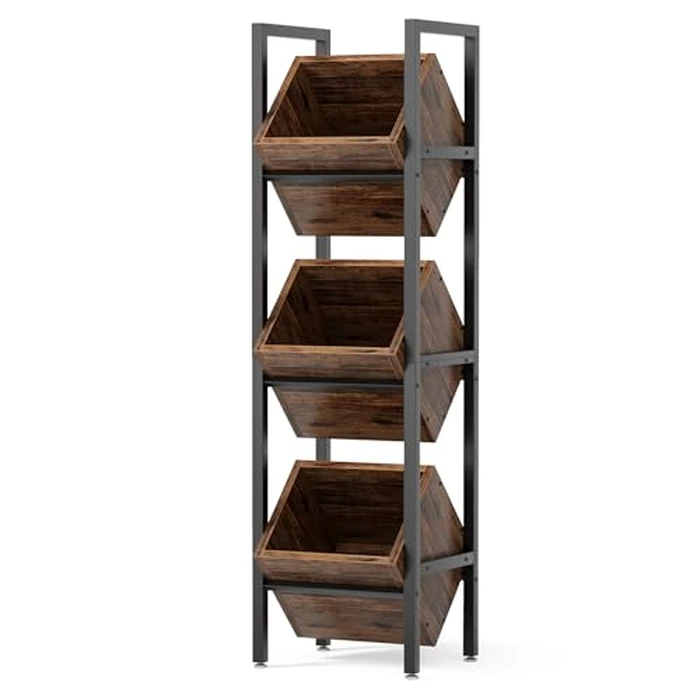 LITTLE TREE 3 Tier Fruit Basket Floor Stand, Wooden Storage Basket Onion Storage Rack Garage Shelving Unit, Kitchen Organizers and Storage for Fruit Vegetable Wine Rack (1 piece） by LITTLE TREE - Image 1