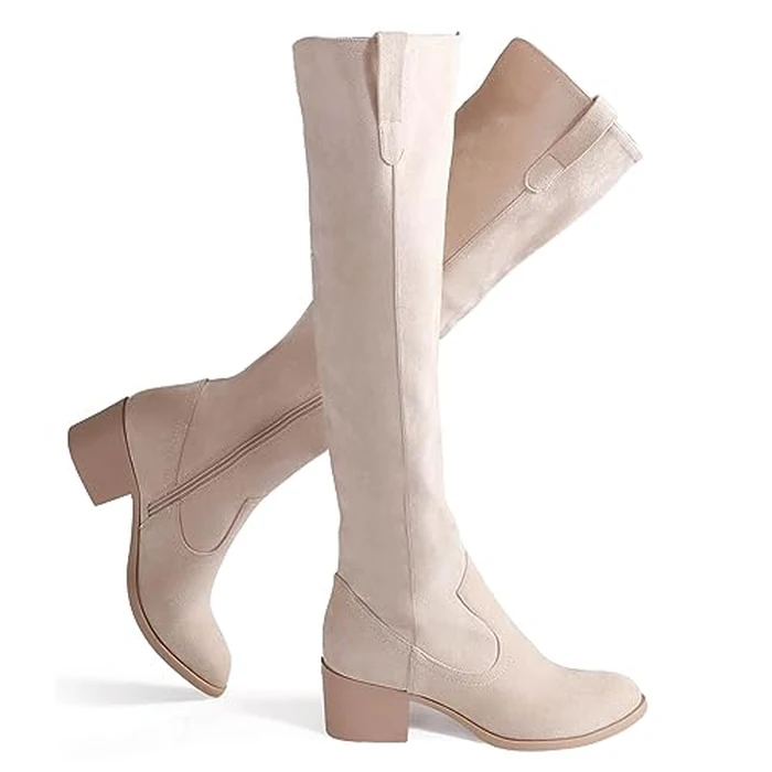 Shoe'N Tale Women's Over The Knee Thigh High Chunky Heel Pointed Toe Faux Suede Side Zipper Fall Weather Winter Boots(10,Beige) by Shoe'N Tale - Image 1