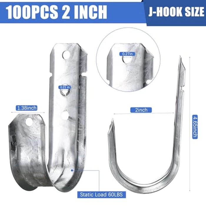 MBJZSL 100 Pcs 2-Inch Cable Support, J Hooks Heavy Duty Galvanized Steel Cable Hook Wire Management J Hooks for Attaching Wall Mounting to Vertical Surfaces, Silver by MBJZSL - Image 2