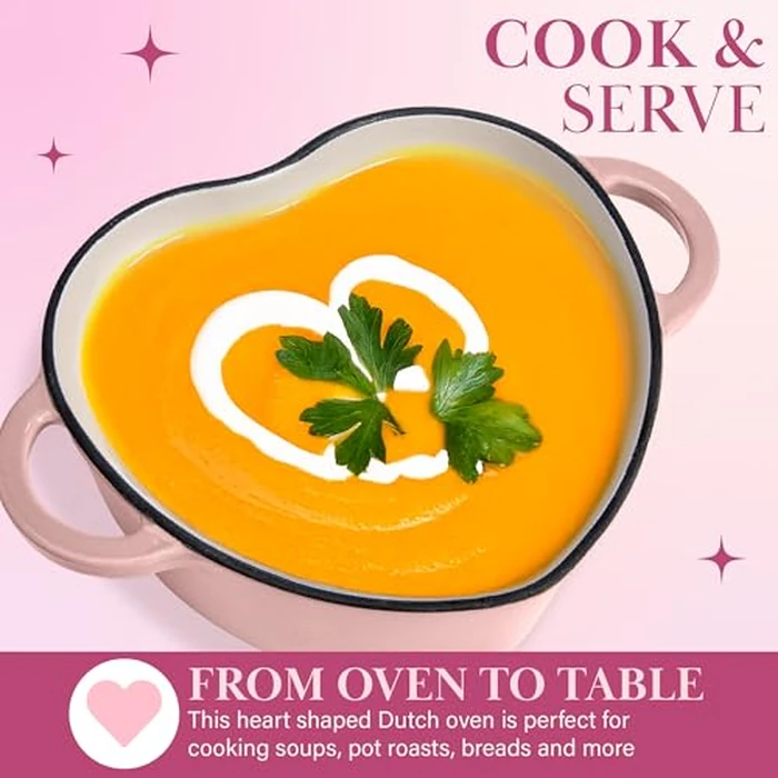 Paris Hilton Enameled Cast Iron Dutch Oven Heart-Shaped Pot with Lid, Dual Handles, Works on All Stovetops, Oven Safe to 500 degreesF, 2-Quart, Pink by Paris Hilton - Image 2