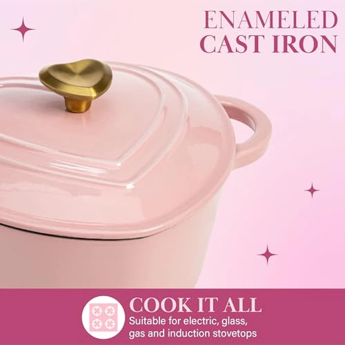 Paris Hilton Enameled Cast Iron Dutch Oven Heart-Shaped Pot with Lid, Dual Handles, Works on All Stovetops, Oven Safe to 500 degreesF, 2-Quart, Pink by Paris Hilton - Image 3