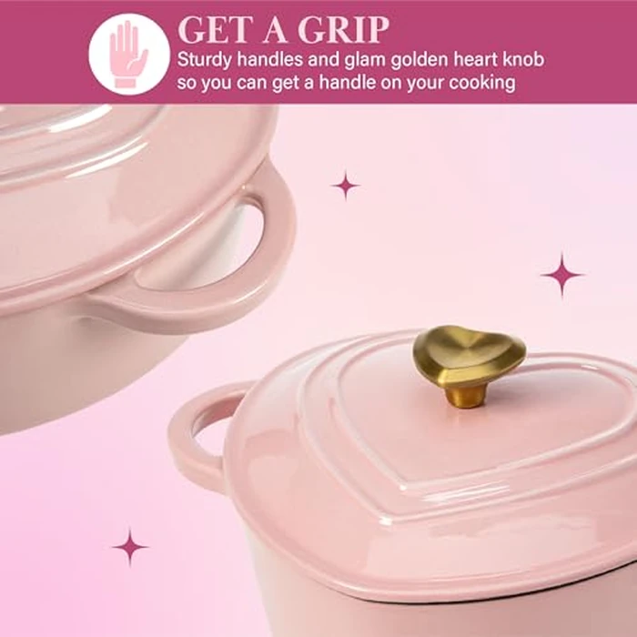 Paris Hilton Enameled Cast Iron Dutch Oven Heart-Shaped Pot with Lid, Dual Handles, Works on All Stovetops, Oven Safe to 500 degreesF, 2-Quart, Pink by Paris Hilton - Image 4
