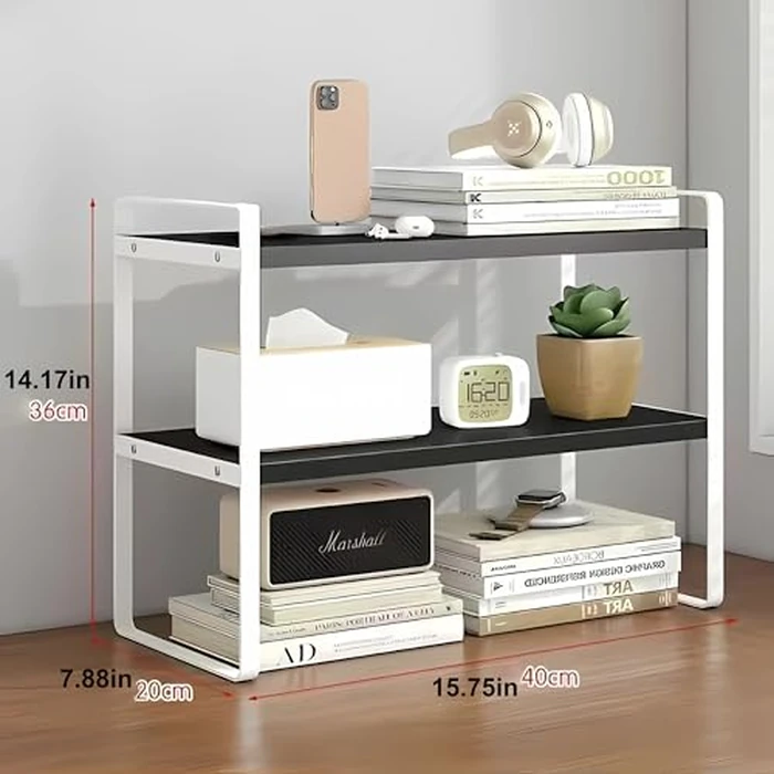Hbluefat Desktop Organizer Shelf, 2-Tier Multipurpose Tabletop Storage Bookshelf, Small Wooden Countertop Storage Rack for Home Office Kitchen (Black+White) by Hbluefat - Image 6