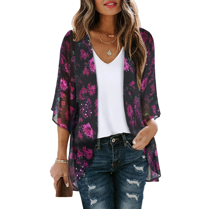 Women's Fall Tops Dressy Casual Kimono Cardigan Summer Loose Cover Up Blouse Hawaiian Shirts (RoseFloral, S) by CHICGAL - Used - Like New condition - US$10.49