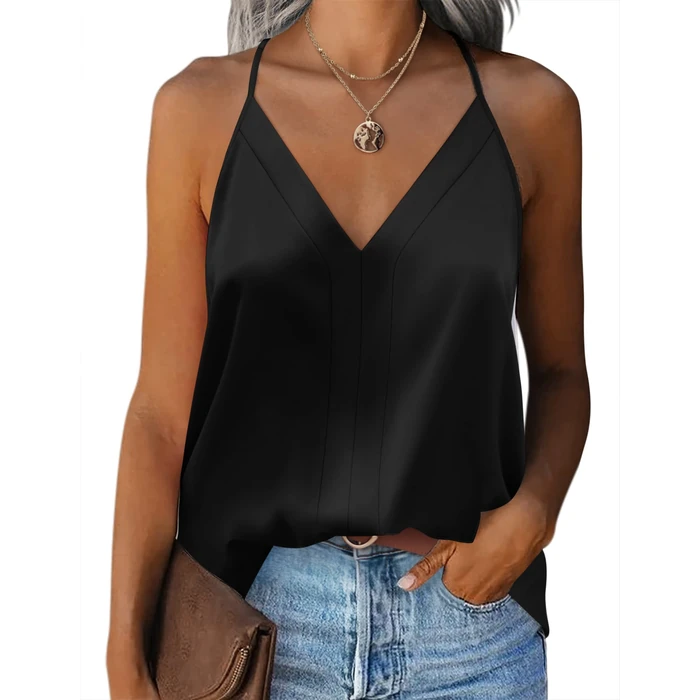 Zeagoo Black Satin Tank Top for Women V Neck Casual Summer Camisole Spaghetti Strap Shirt by Zeagoo - Used - Like New condition - US$16.71