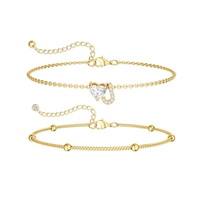 NECOCY Initial J Heart 14k Gold Plated Anklets for Women Waterproof Non Tarnish Dainty Beach Beaded Ankle Bracelets Beachy Summer Trendy Diamond Letter Chain Set Stack Rope Foot Jewelry Gift by NECOCY - Image 1