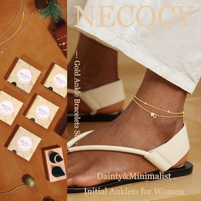 NECOCY Initial J Heart 14k Gold Plated Anklets for Women Waterproof Non Tarnish Dainty Beach Beaded Ankle Bracelets Beachy Summer Trendy Diamond Letter Chain Set Stack Rope Foot Jewelry Gift by NECOCY - Image 3