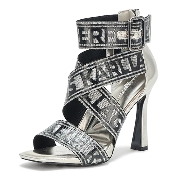 Karl Lagerfeld Paris Women's Careliz Everyday Strappy Sandal Heeled, Pewter, 8.5 by KARL LAGERFELD - Used - Like New condition