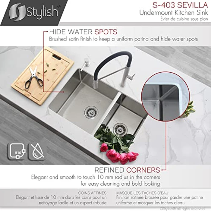 Stylish 28 x 18 Inch Undermount Kitchen Sink 9 Inches Deep Reversible 10mm Radius Corners 18G Double Bowl Stainless Steel Sink with Standard Metal Strainers, S-403 by Stylish - Image 4
