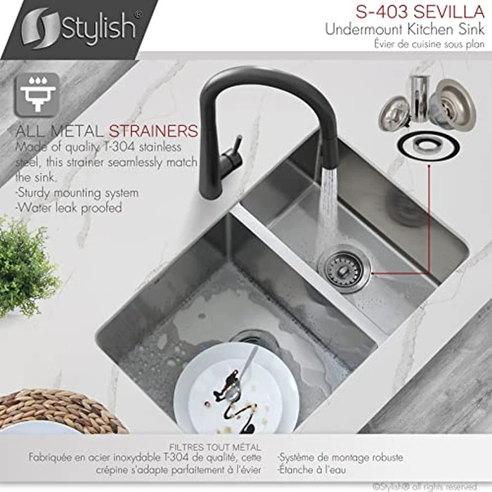 Stylish 28 x 18 Inch Undermount Kitchen Sink 9 Inches Deep Reversible 10mm Radius Corners 18G Double Bowl Stainless Steel Sink with Standard Metal Strainers, S-403 by Stylish - Image 6