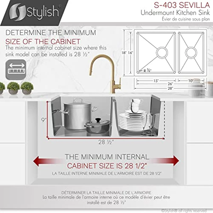 Stylish 28 x 18 Inch Undermount Kitchen Sink 9 Inches Deep Reversible 10mm Radius Corners 18G Double Bowl Stainless Steel Sink with Standard Metal Strainers, S-403 by Stylish - Image 8