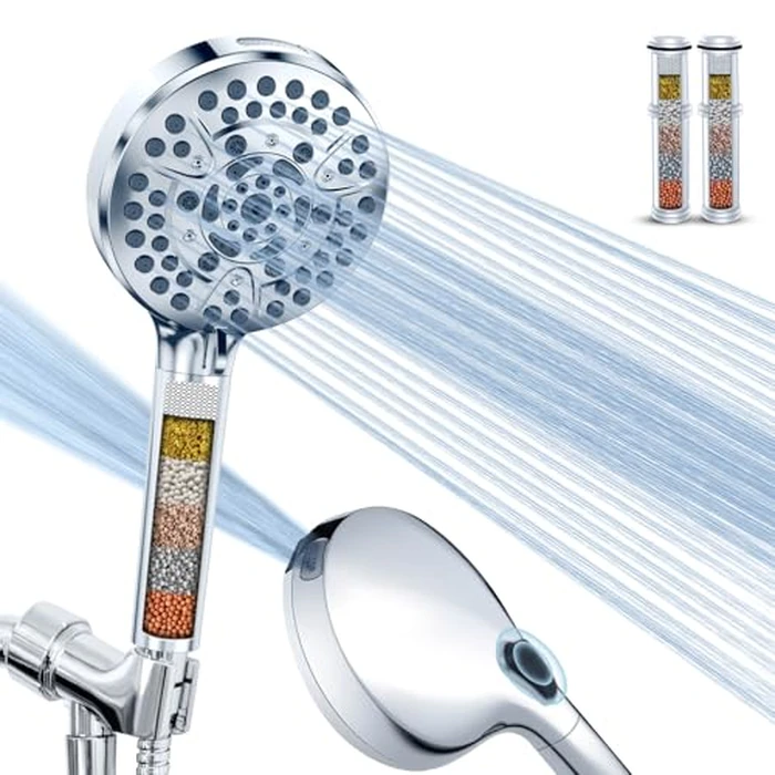 High Pressure 10-Mode Handheld Shower Head - Built in Power Wash for Clean, Replaceable Filter Soften Hard Water Remove Chlorine, 60 Inches Hose, Overhead Bracket, Anti-Clog Nozzle (Chrome) by PALAS - Image 1