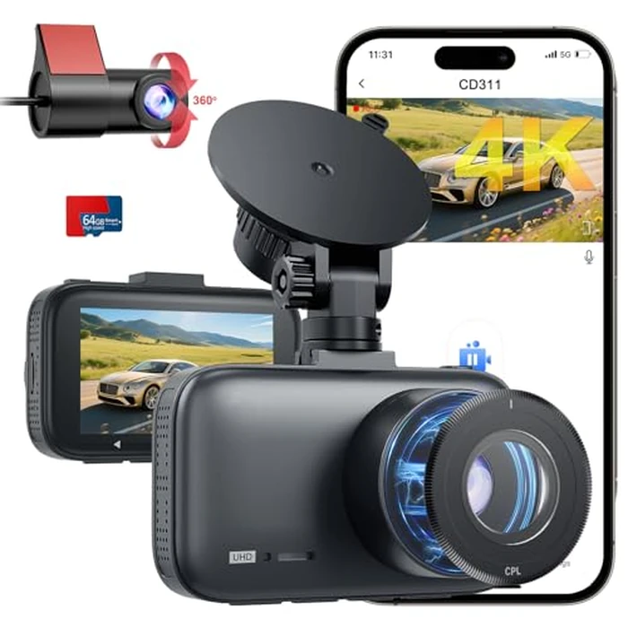 4K Dash Cam with CPL Filter,Dual Dash Cam,5G WiFi, APP Control, Free 64GB Card,Super Night Vision, 24H Parking Mode, G-Sensor, WDR, Loop Recording,Time Lapse Mode,3" IPS Screen by Innosinpo - Used - Like New condition - CA$53.94