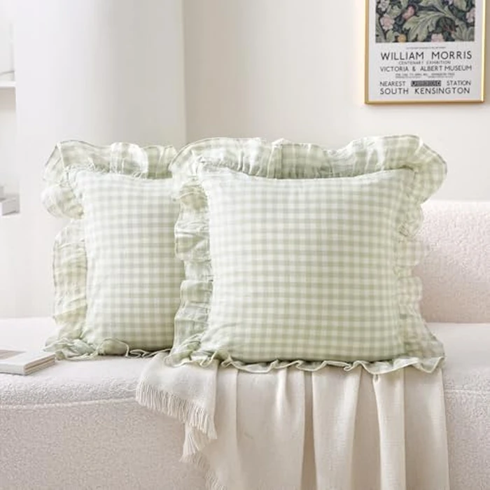 K MASANIJI 2 Pack Pile Green White Plaid Ruffle Gingham Throw Pillow Covers, 100% Washed Cotton Checkered Farmhouse Decorative Pillow Shams for Bed/Sofa - 18‘’x18'' by K MASANIJI - Used - Like New condition - US$22.79