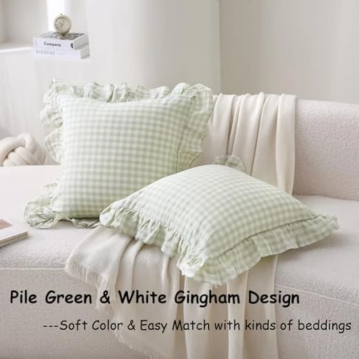 K MASANIJI 2 Pack Pile Green White Plaid Ruffle Gingham Throw Pillow Covers, 100% Washed Cotton Checkered Farmhouse Decorative Pillow Shams for Bed/Sofa - 18‘’x18'' by K MASANIJI - Image 2