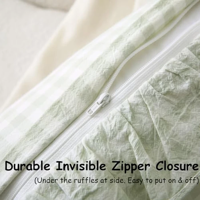 K MASANIJI 2 Pack Pile Green White Plaid Ruffle Gingham Throw Pillow Covers, 100% Washed Cotton Checkered Farmhouse Decorative Pillow Shams for Bed/Sofa - 18‘’x18'' by K MASANIJI - Image 5