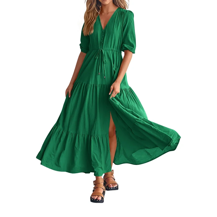 BTFBM Formal Wedding Guest Dresses for Women Casual Short Sleeve V Neck Summer Dress Maternity Dress for Photoshoot(Solid Green,Large) by BTFBM - Used - Like New condition - US$24.69