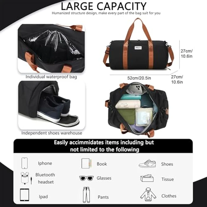 BE Smart Gym Sports Duffle Bag, Waterproof Gym Bags with Shoe Compartment, Lightweight Large Option for Overnight Workout Weekender Trip (Black-Brown, with Dry & Wet Pocket) by BESMART - Image 3