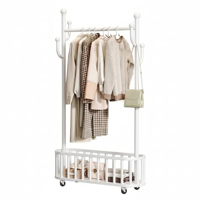 Garvee Metal Clothing Rack with Wheels, Portable Clothes Rail with Storage Basket and 4 Hooks, 68.9" Freestanding Garment Rack for Bedroom, Closet, Living Room, White by Garvee - Used - Very Good condition