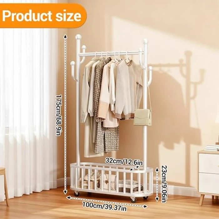 Garvee Metal Clothing Rack with Wheels, Portable Clothes Rail with Storage Basket and 4 Hooks, 68.9" Freestanding Garment Rack for Bedroom, Closet, Living Room, White by Garvee - Image 2