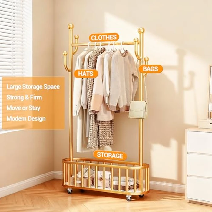 Garvee Metal Clothing Rack with Wheels, Portable Clothes Rail with Storage Basket and 4 Hooks, 68.9" Freestanding Garment Rack for Bedroom, Closet, Living Room, White by Garvee - Image 6