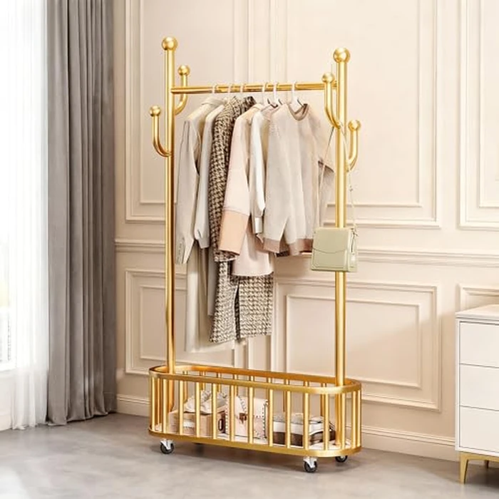Garvee Metal Clothing Rack with Wheels, Portable Clothes Rail with Storage Basket and 4 Hooks, 68.9" Freestanding Garment Rack for Bedroom, Closet, Living Room, White by Garvee - Image 7
