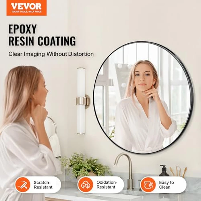 VEVOR Wall Mounted Makeup Mirror, 0.15" Thick, 30 in Mirror with Aluminium Alloy Frame & Explosion-Proof Film, Scratch-Resistant Mirror with Z-Shaped Bracket, Fit for Bathroom/Bedroom/Living Room by VEVOR - Image 2