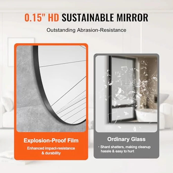 VEVOR Wall Mounted Makeup Mirror, 0.15" Thick, 30 in Mirror with Aluminium Alloy Frame & Explosion-Proof Film, Scratch-Resistant Mirror with Z-Shaped Bracket, Fit for Bathroom/Bedroom/Living Room by VEVOR - Image 3