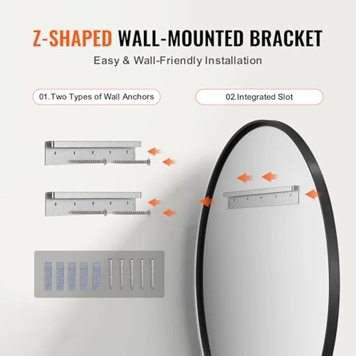 VEVOR Wall Mounted Makeup Mirror, 0.15" Thick, 30 in Mirror with Aluminium Alloy Frame & Explosion-Proof Film, Scratch-Resistant Mirror with Z-Shaped Bracket, Fit for Bathroom/Bedroom/Living Room by VEVOR - Image 6