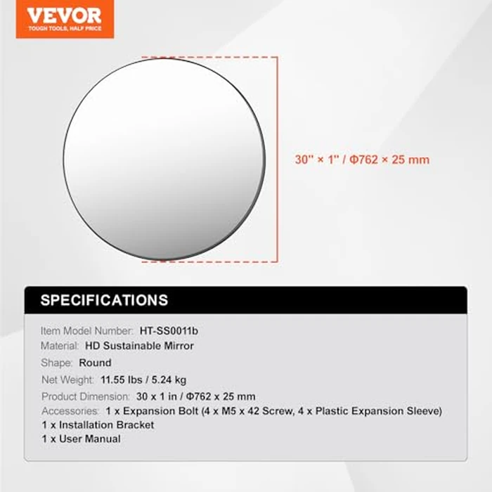 VEVOR Wall Mounted Makeup Mirror, 0.15" Thick, 30 in Mirror with Aluminium Alloy Frame & Explosion-Proof Film, Scratch-Resistant Mirror with Z-Shaped Bracket, Fit for Bathroom/Bedroom/Living Room by VEVOR - Image 7