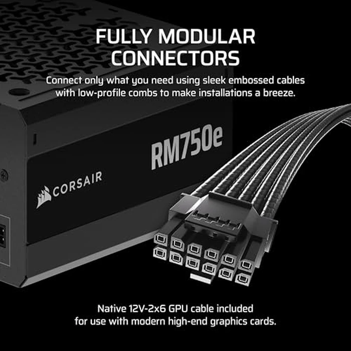 CORSAIR RM750e (2025) Fully Modular Low-Noise ATX Power Supply with 12V-2x6 Cable - ATX 3.1 & PCIe 5.1 Compliant, Cybenetics Gold Efficiency, 105 degreesC-Rated Capacitors, Modern Standby Mode - Black by Corsair - Image 4