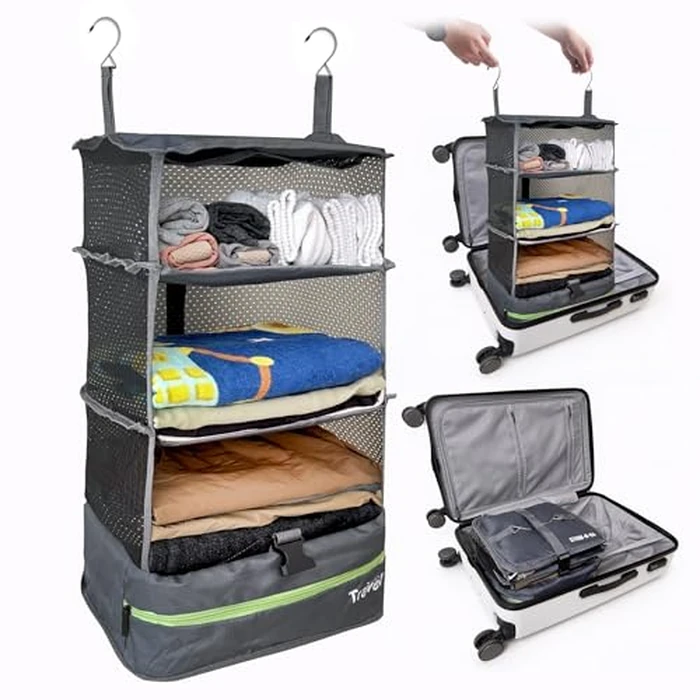 Grand Fusion Stow-N-Go Packing Organizer for Luggage, Portable Hanging Travel Shelves, Carry-On Closet, Hanging Packing Cubes, Collapsible Carry-On Organizer for Cruises & Hotels. Dark Gray - L by Grand Fusion - Used - Very Good condition - US$22.68