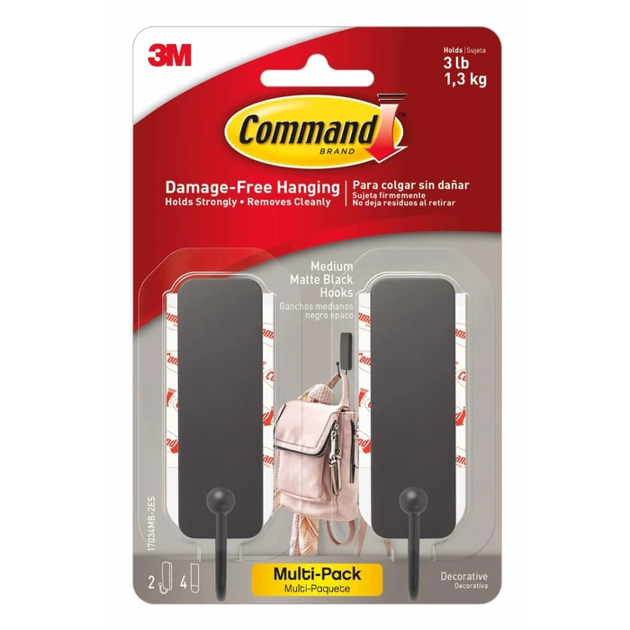 Command Medium Matte Black Wall Hook, 2 Coat Hooks and 4 Strips, Damage-Free Hanging with Adhesive, No Tools Great for Hanging Home Decor, Holds up to 3 lb by Command - Used - Very Good condition
