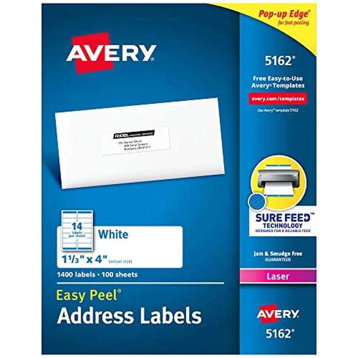 Avery Easy Peel Printable Address Labels with Sure Feed, 1-1/3" x 4", White, 1,400 Blank Mailing Labels for Laser Printers (5162) by Avery - Used - Very Good condition - US$14.98