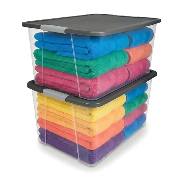 HOMZ 2-Pack Secure Latch, Clear Plastic Storage Organizer Bins, 64 Quart, Gray Lid - Heavy-Duty Container Boxes with Lids for Home, Office, and Garage by HOMZ - Used - Like New condition - US$48.01