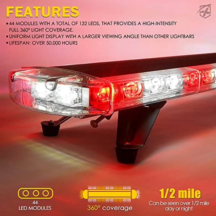 Xprite 48 Inch LED Rooftop Emergency Strobe Lights Bar w/ Adjustable Mounting Brackets, Warning Flashing Lightbar for Security POV Rescue Tow Trucks Firefighter Ambulance First Responder - White Red by Xprite - Image 2
