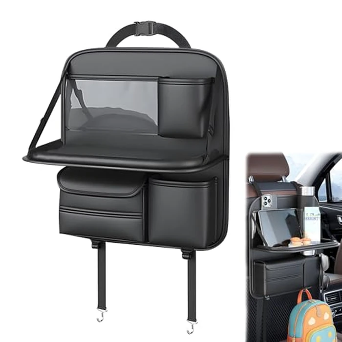 FASTAGEI Universal Premium Leather Foldable Car Backseat Organizer with Table Tray, Seat Back Protector with Touch Screen Pad Phone Holder, Car Storage Pockets Tissue Holder with School Bags Hooks by FASTAGEI - Image 1