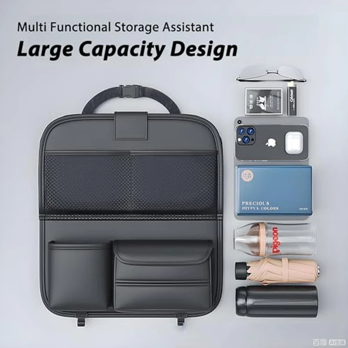 FASTAGEI Universal Premium Leather Foldable Car Backseat Organizer with Table Tray, Seat Back Protector with Touch Screen Pad Phone Holder, Car Storage Pockets Tissue Holder with School Bags Hooks by FASTAGEI - Image 3
